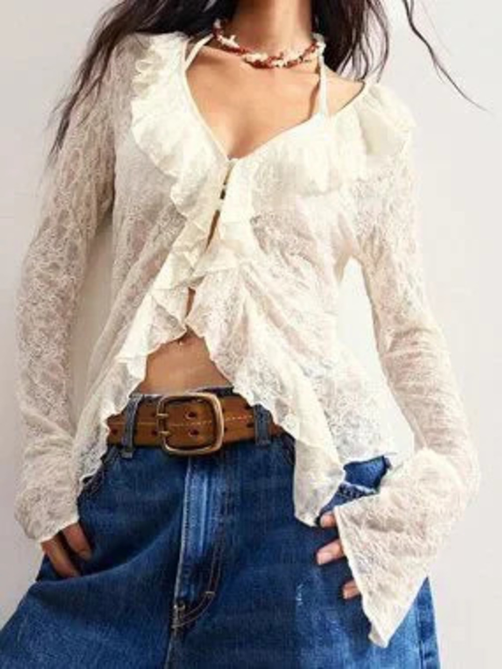 ZARA Apricot Casual Women's Boho Lace Knit Ruffle Trim Long Sleeve Top